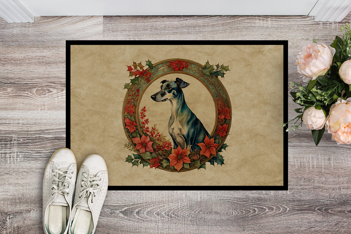 Greyhound Christmas Flowers Doormat