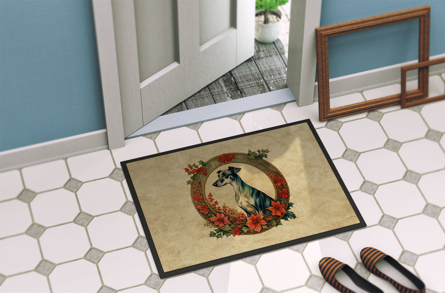 Greyhound Christmas Flowers Doormat