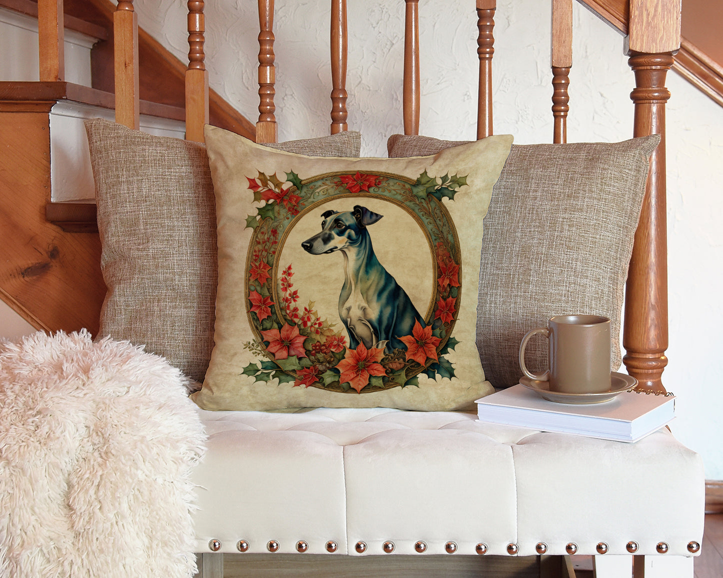 Greyhound Christmas Flowers Throw Pillow