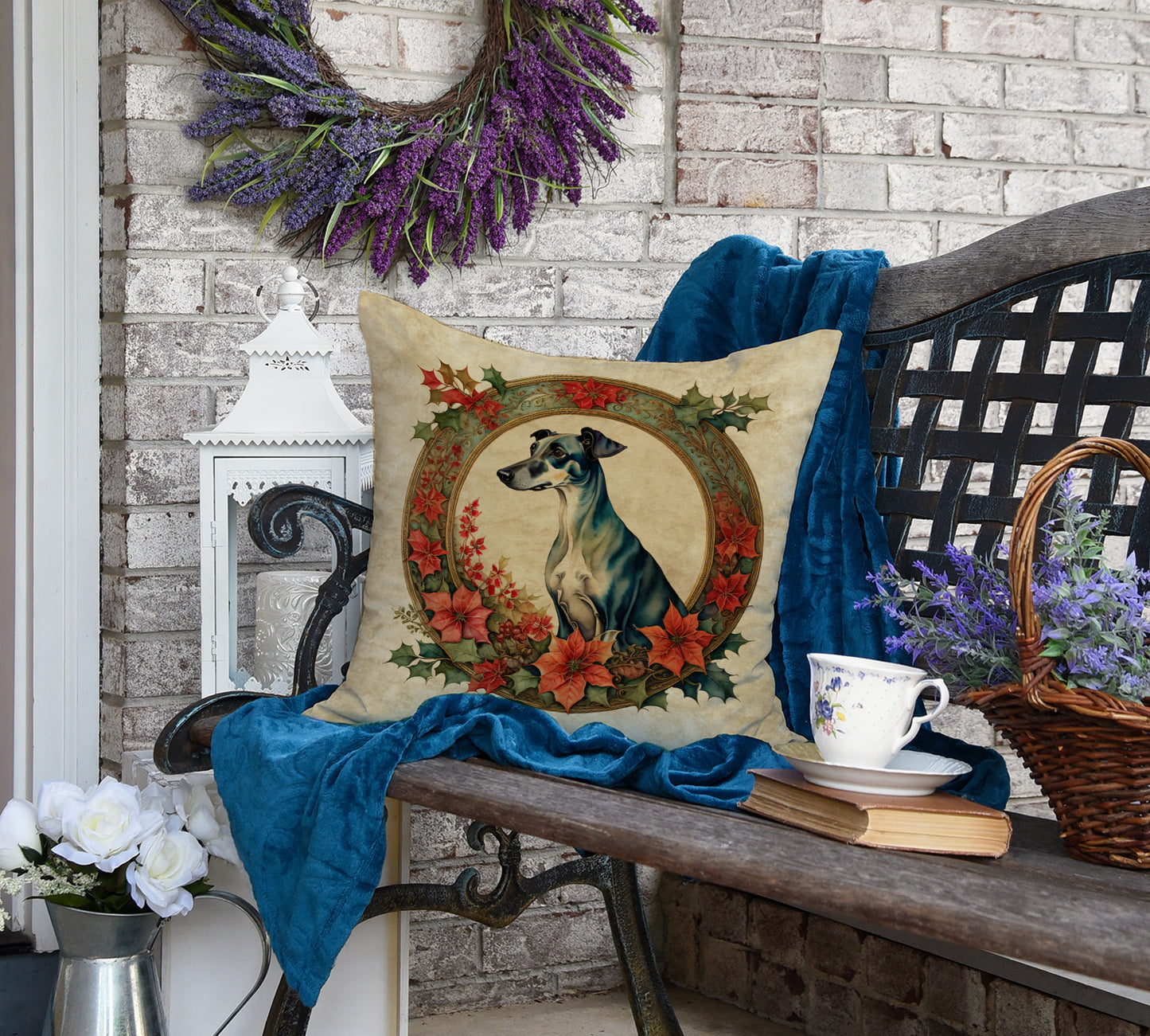 Greyhound Christmas Flowers Throw Pillow