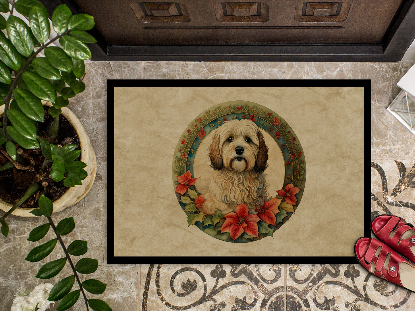 Havanese Christmas Flowers Doormat