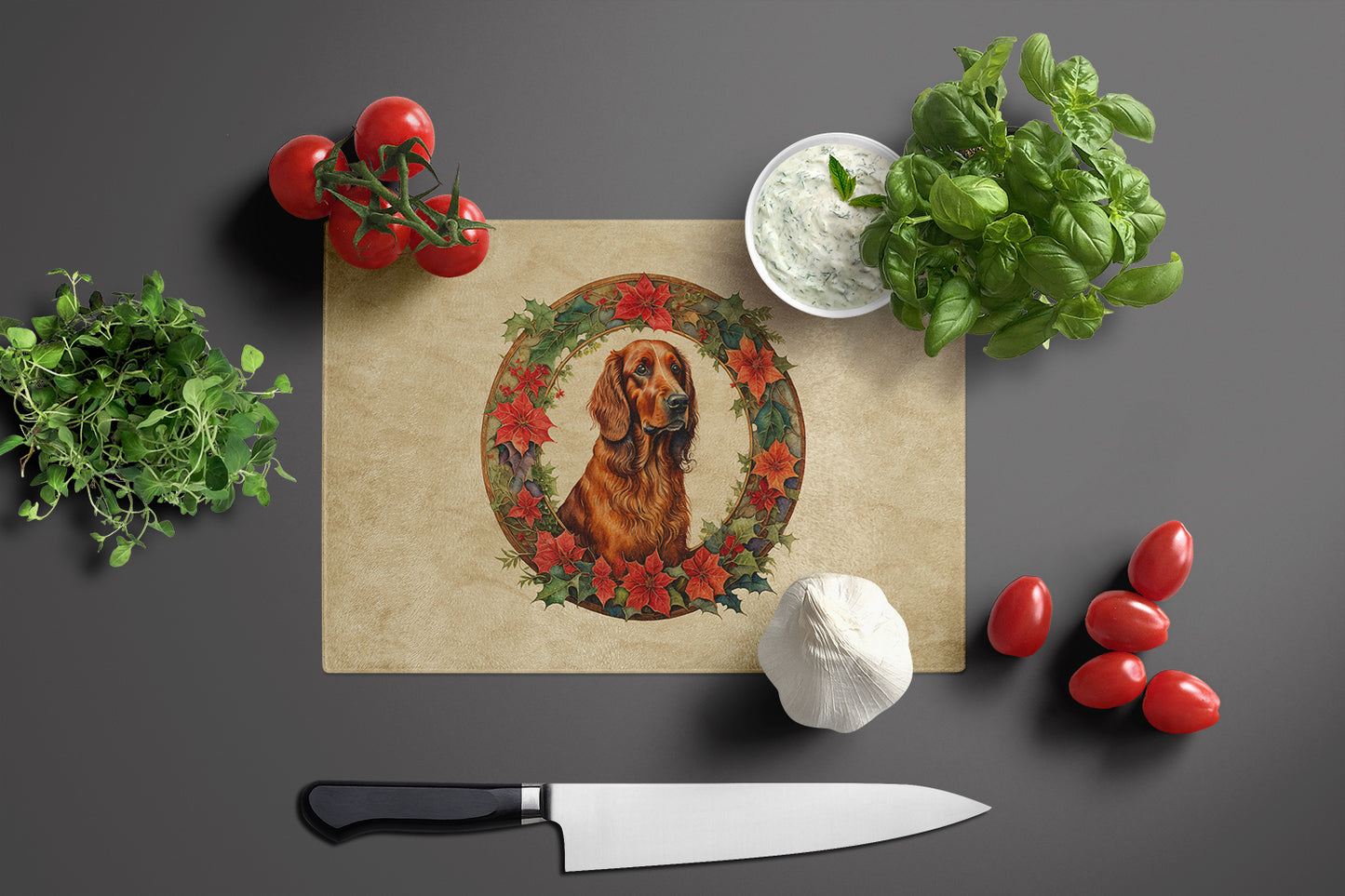 Irish Setter Christmas Flowers Glass Cutting Board