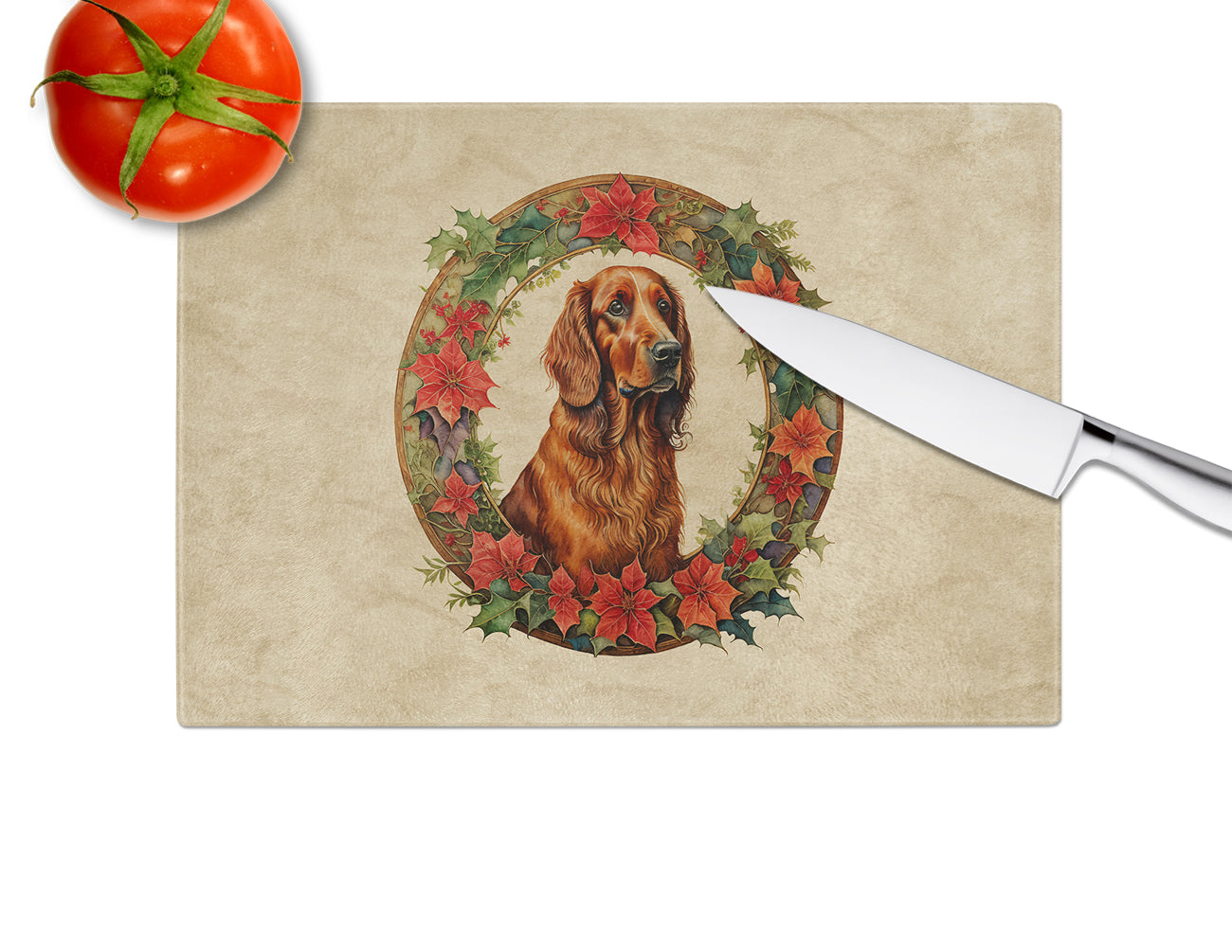 Irish Setter Christmas Flowers Glass Cutting Board