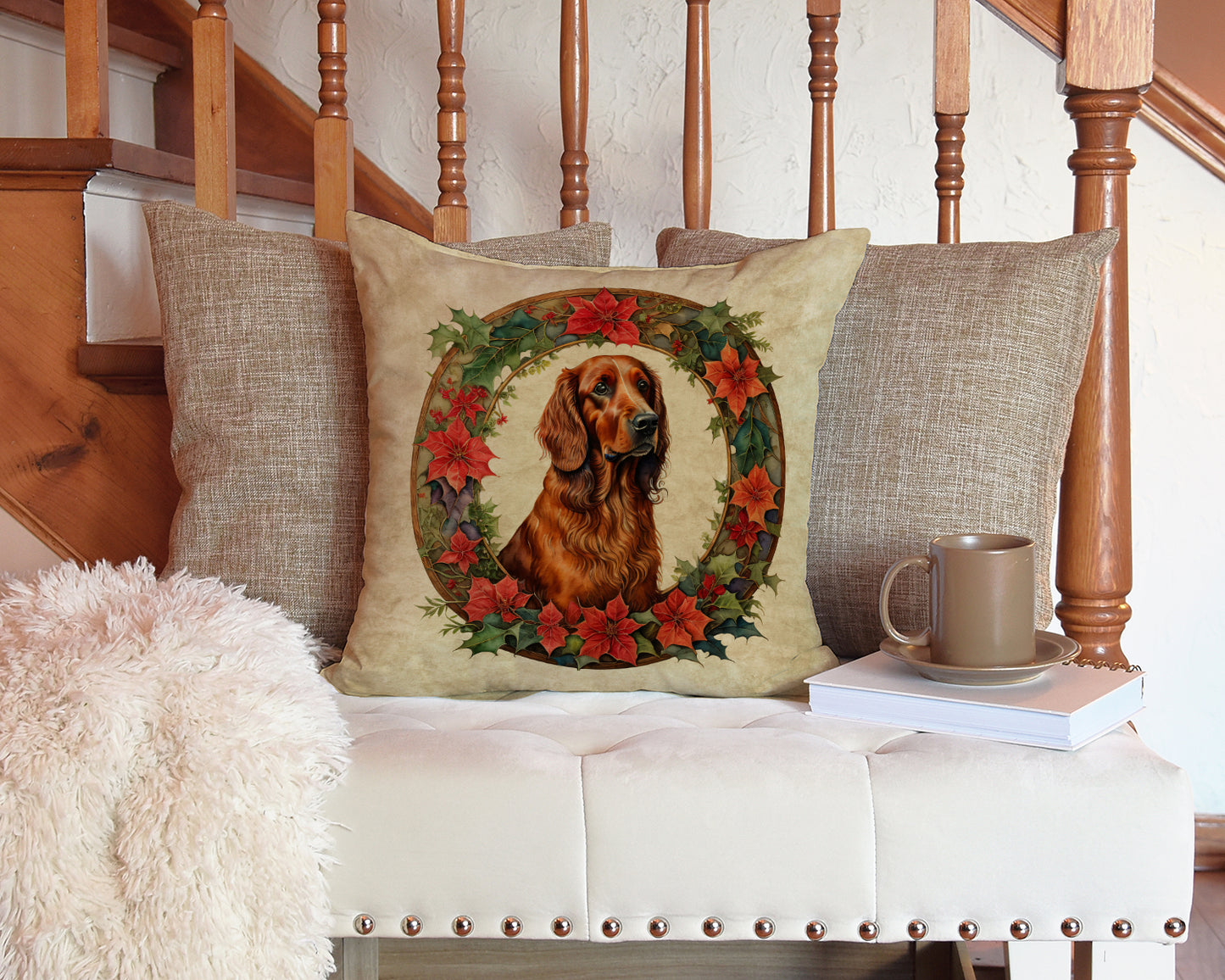 Irish Setter Christmas Flowers Throw Pillow