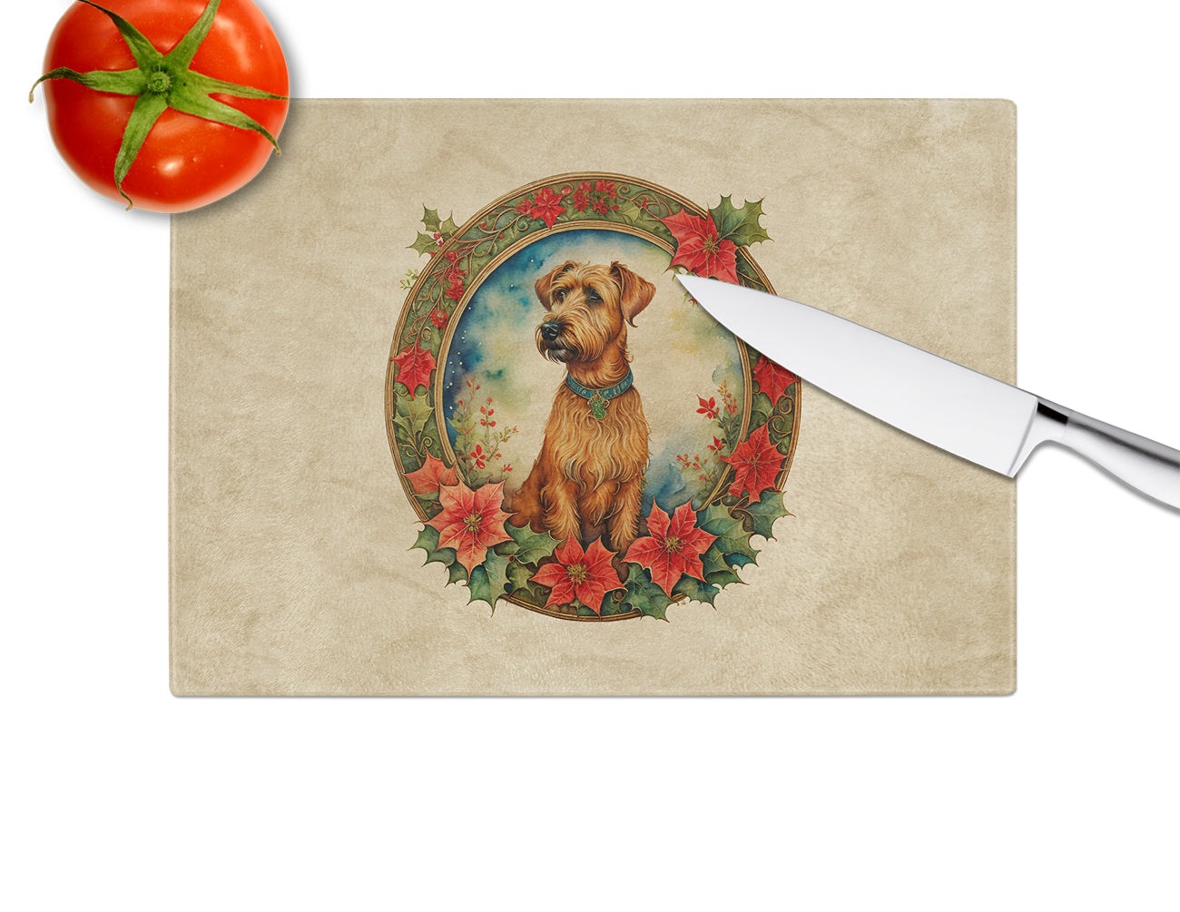 Irish Terrier Christmas Flowers Glass Cutting Board