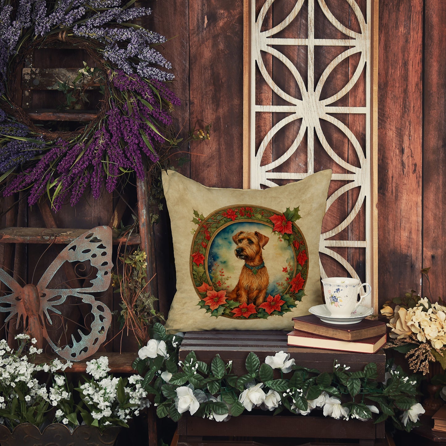 Irish Terrier Christmas Flowers Throw Pillow