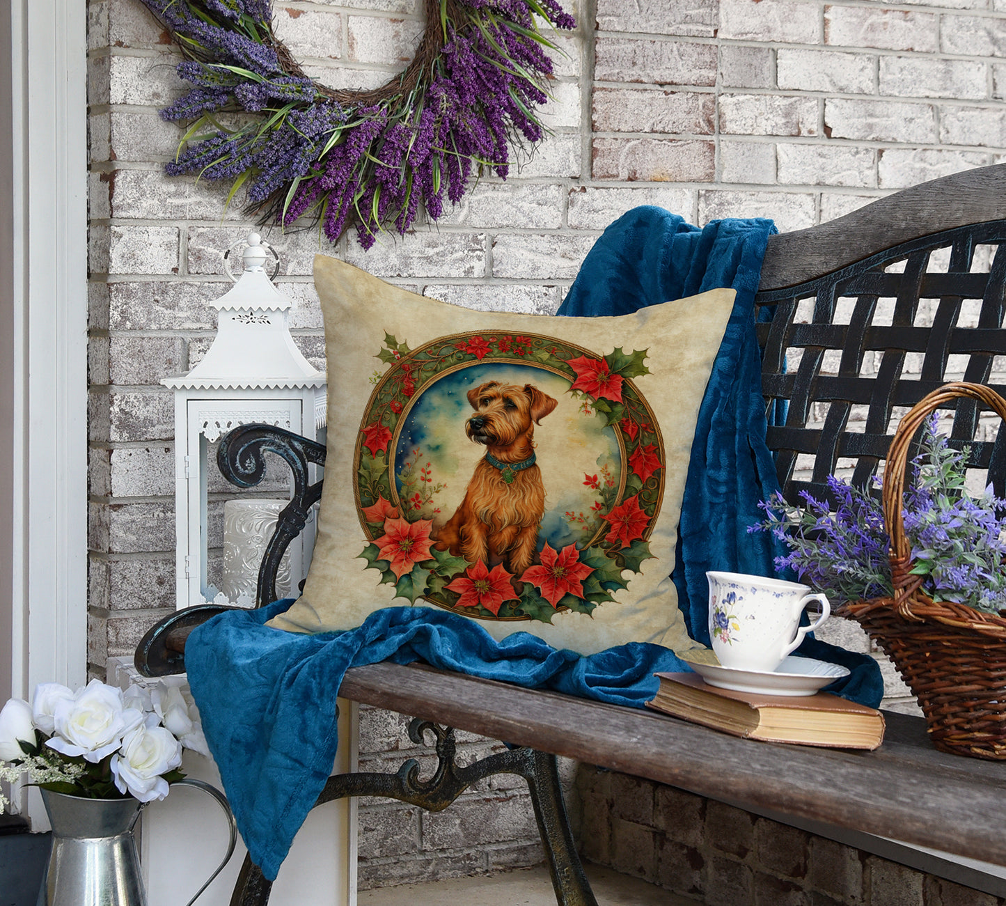 Irish Terrier Christmas Flowers Throw Pillow