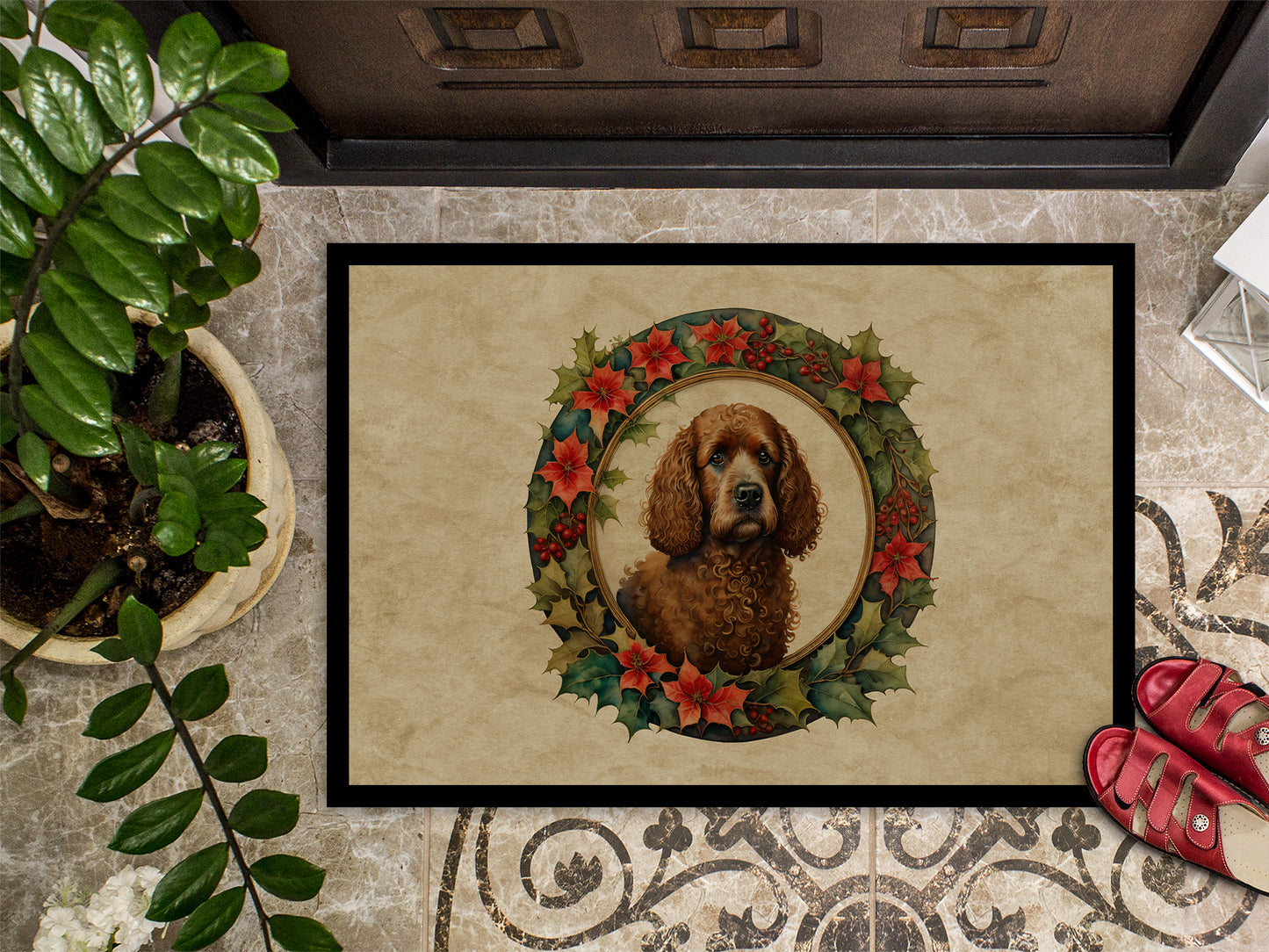 Irish Water Spaniel Christmas Flowers Doormat