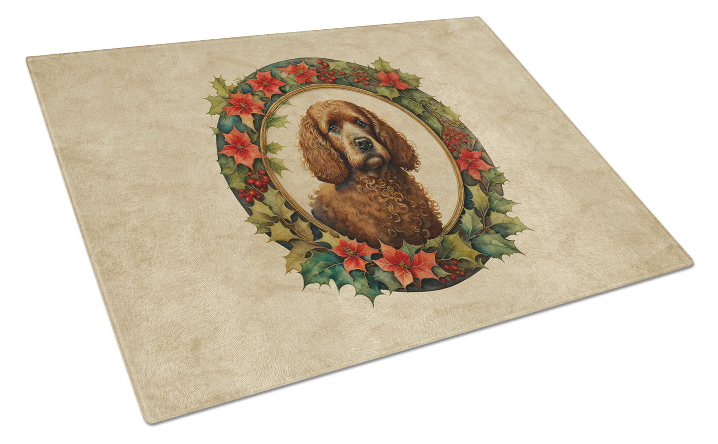 Buy this Irish Water Spaniel Christmas Flowers Glass Cutting Board