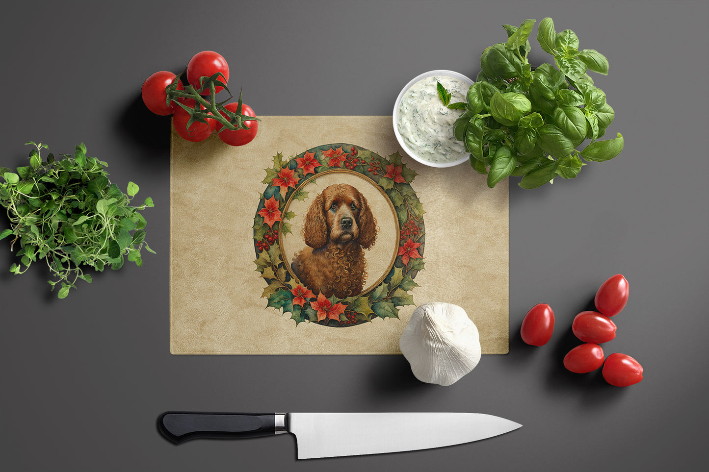 Irish Water Spaniel Christmas Flowers Glass Cutting Board