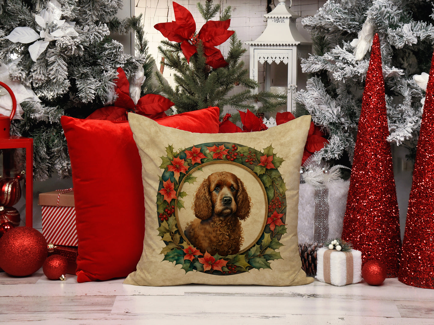 Irish Water Spaniel Christmas Flowers Throw Pillow