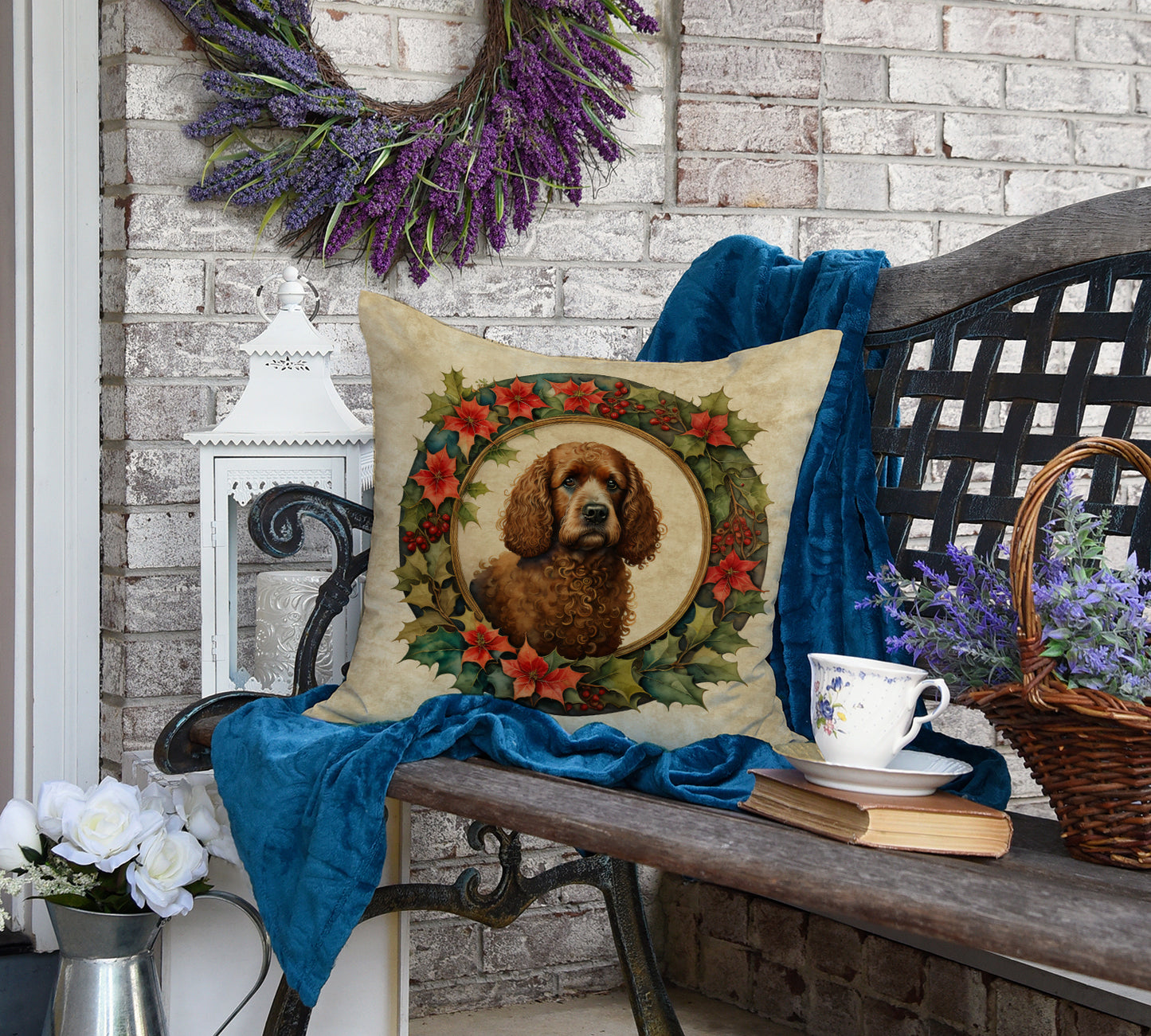 Irish Water Spaniel Christmas Flowers Throw Pillow