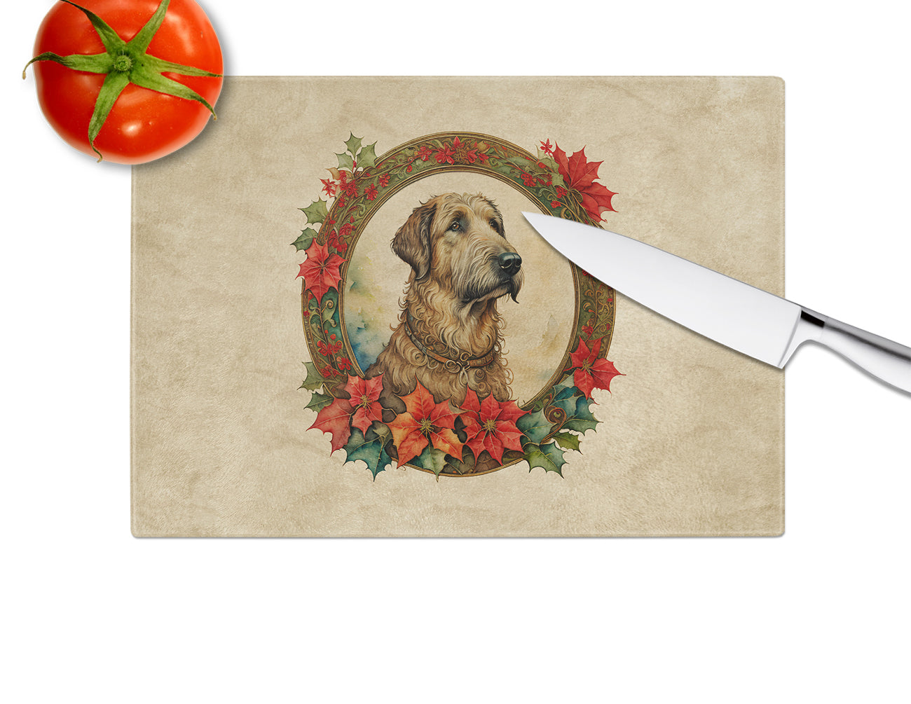 Irish Wolfhound Christmas Flowers Glass Cutting Board