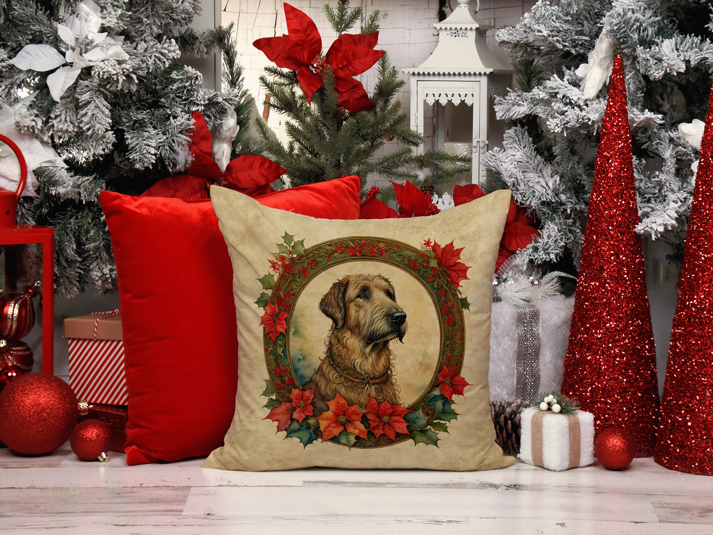 Irish Wolfhound Christmas Flowers Throw Pillow