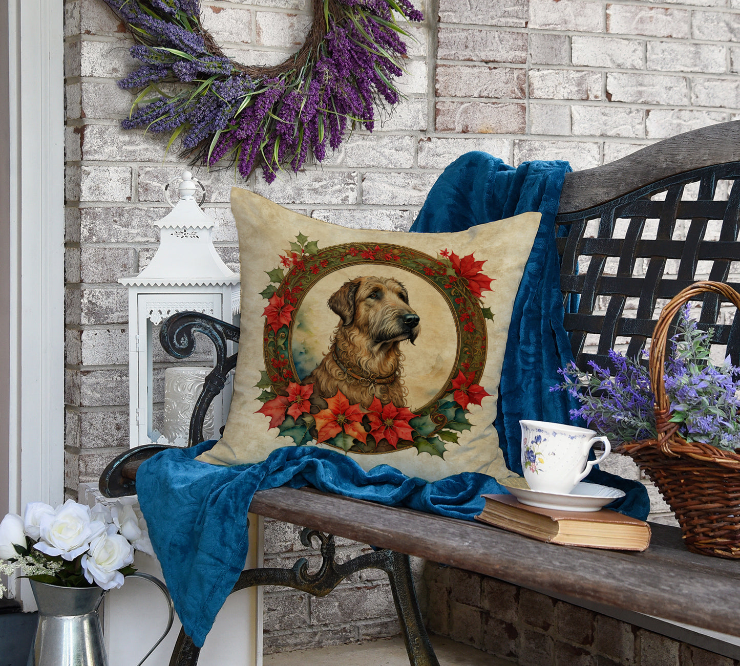 Irish Wolfhound Christmas Flowers Throw Pillow