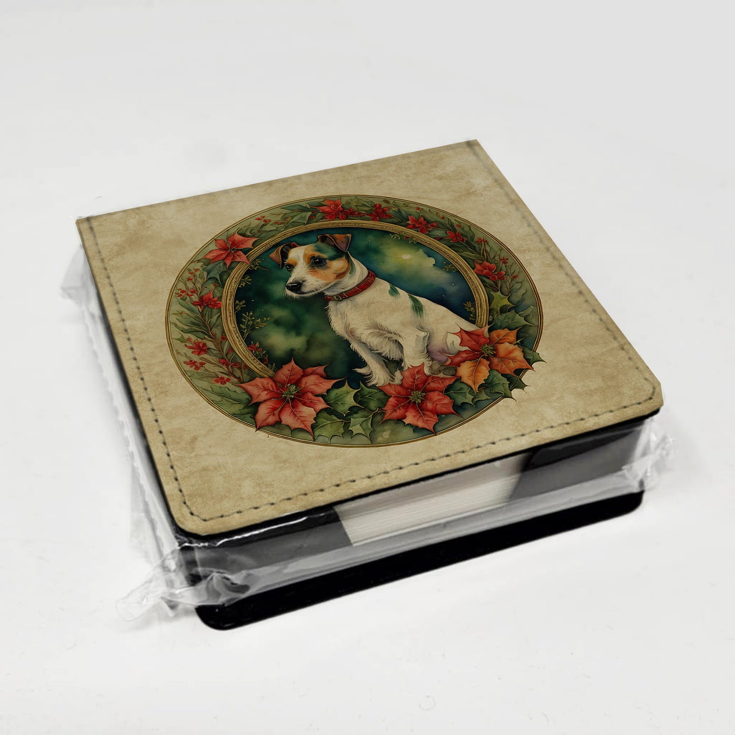 Jack Russell Terrier Christmas Flowers PU Leather Note Paper Holder