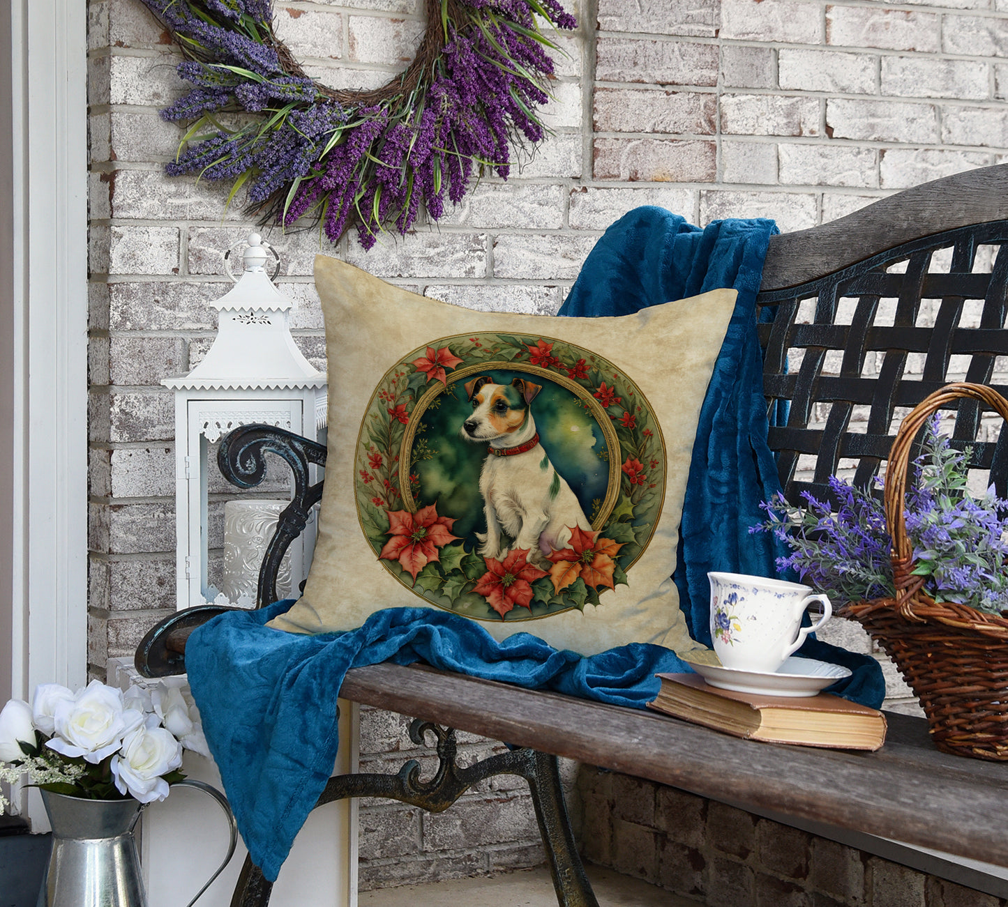 Jack Russell Terrier Christmas Flowers Throw Pillow