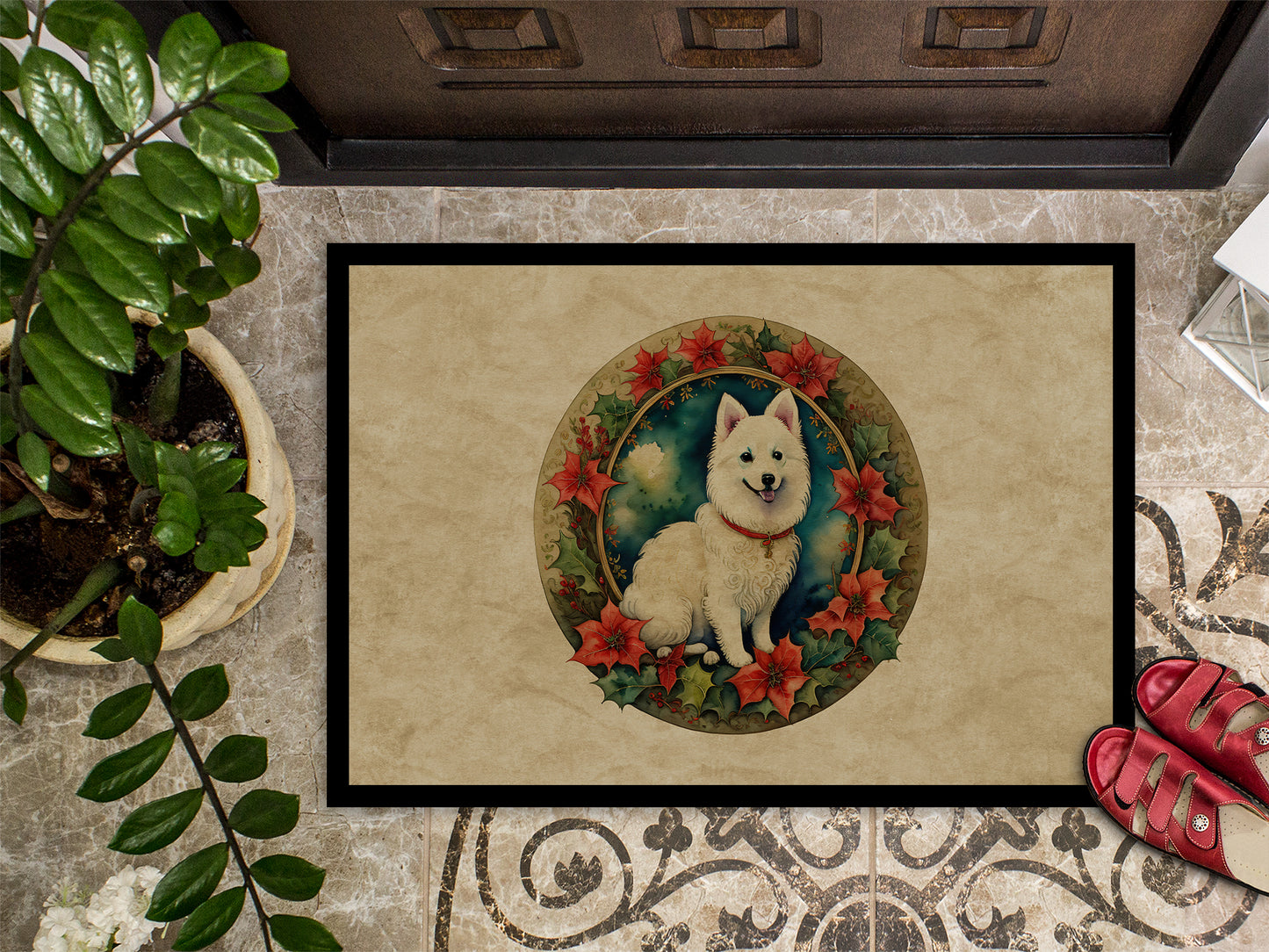 Japanese Spitz Christmas Flowers Doormat