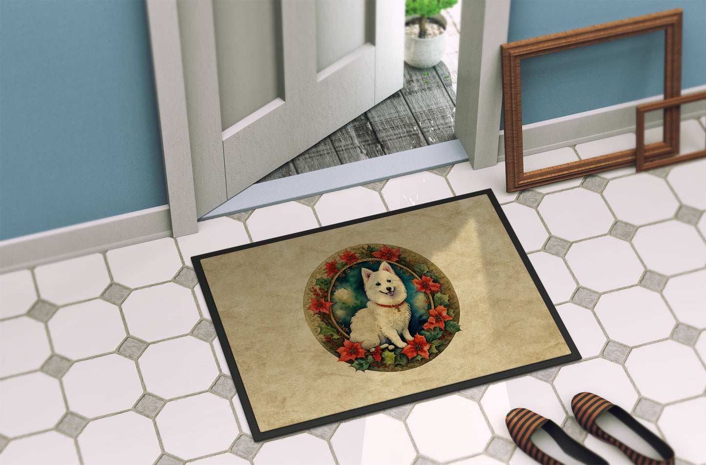 Japanese Spitz Christmas Flowers Doormat