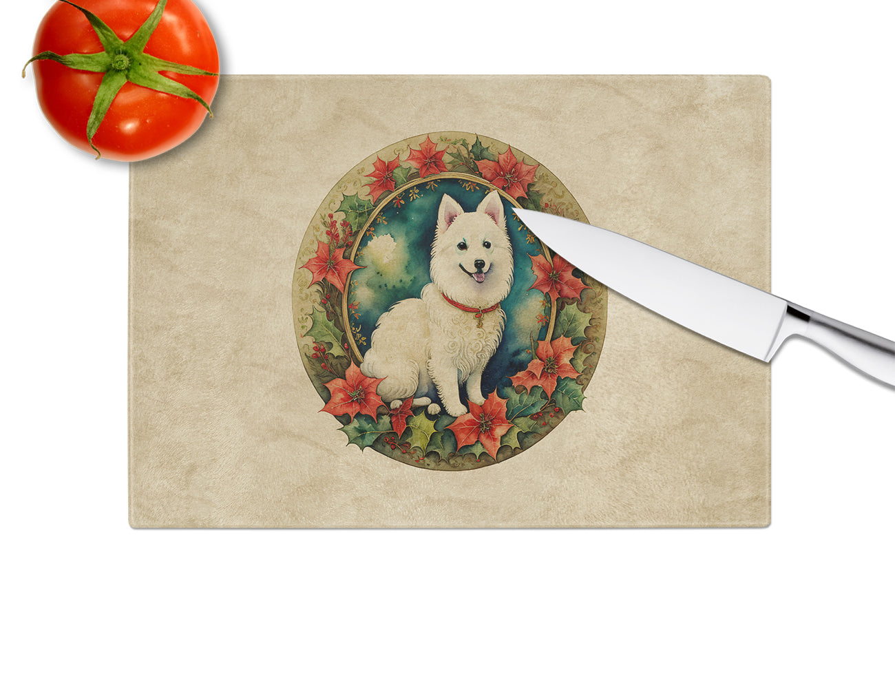 Japanese Spitz Christmas Flowers Glass Cutting Board