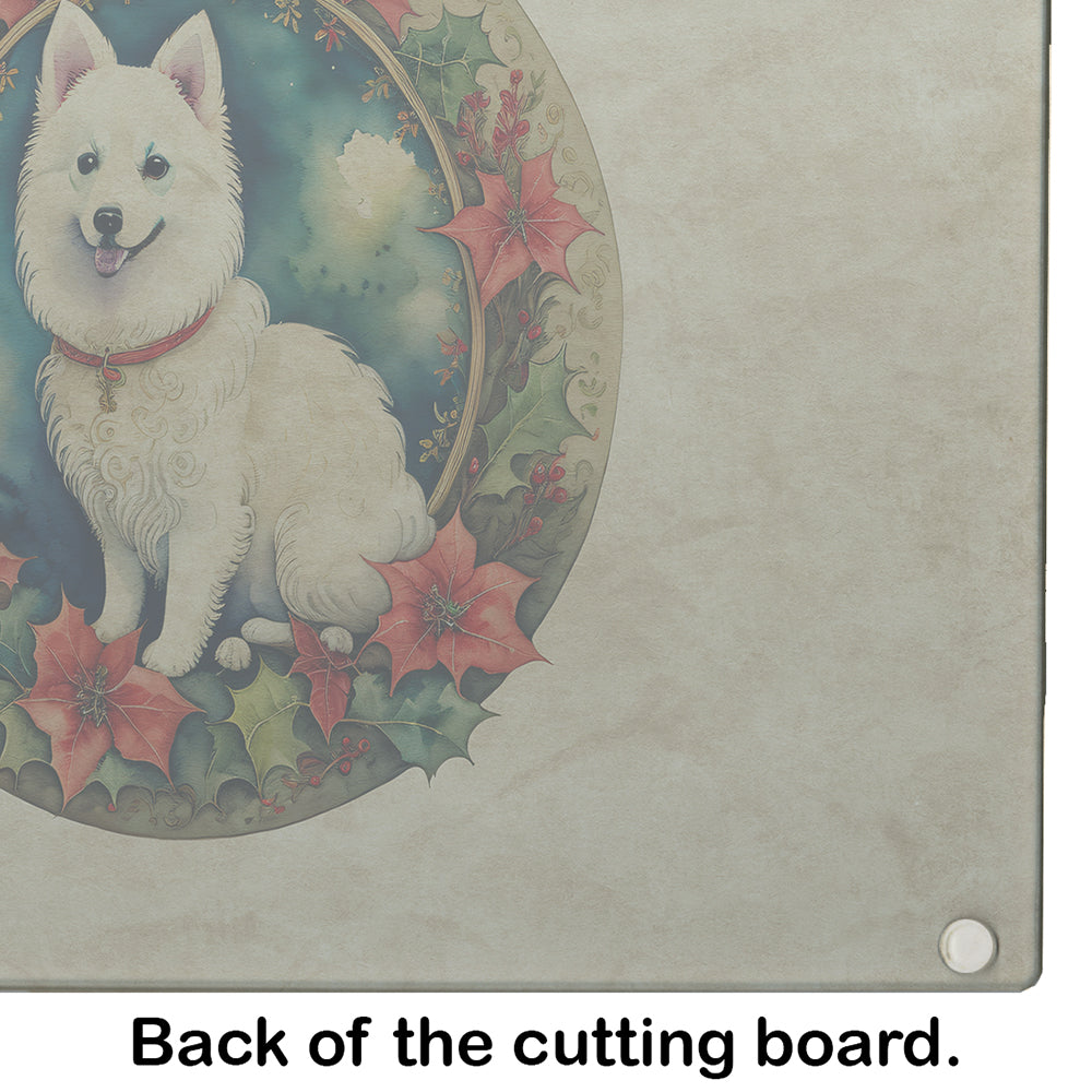 Japanese Spitz Christmas Flowers Glass Cutting Board