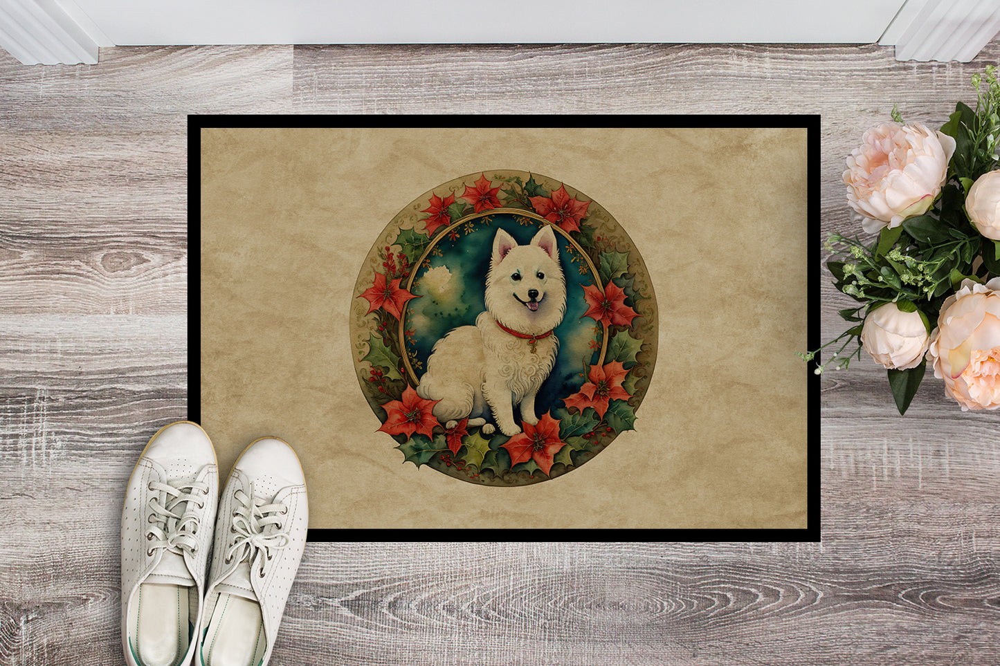 Japanese Spitz Christmas Flowers Doormat