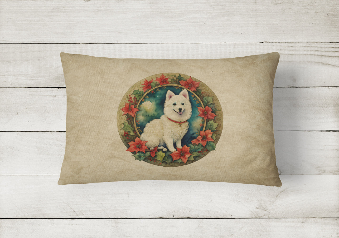 Japanese Spitz Christmas Flowers Throw Pillow