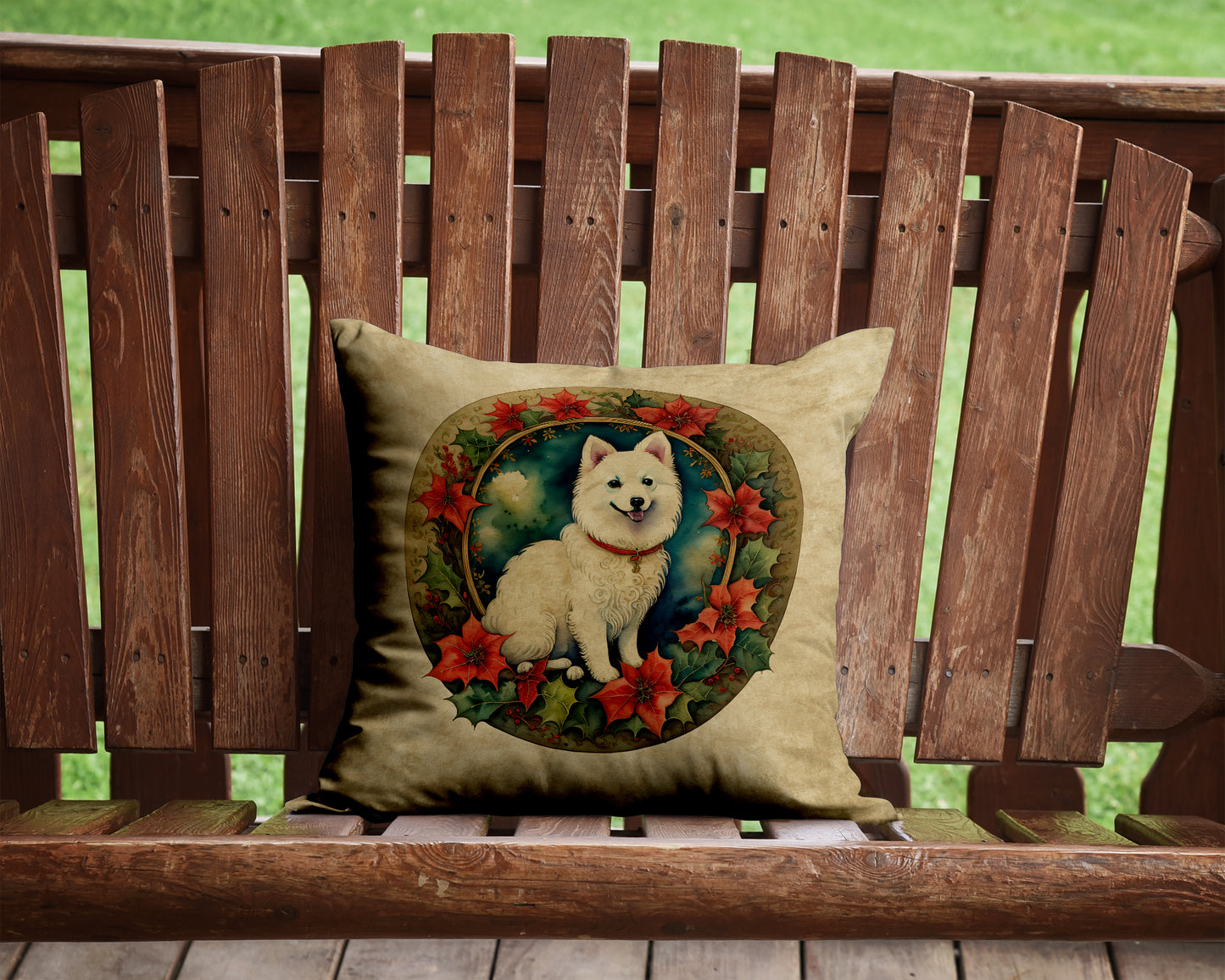 Japanese Spitz Christmas Flowers Throw Pillow