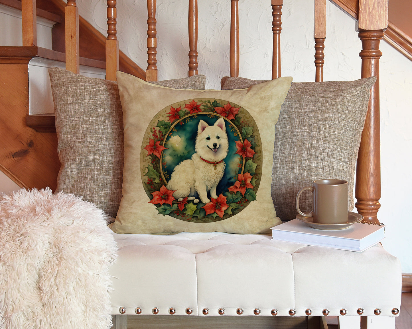 Japanese Spitz Christmas Flowers Throw Pillow