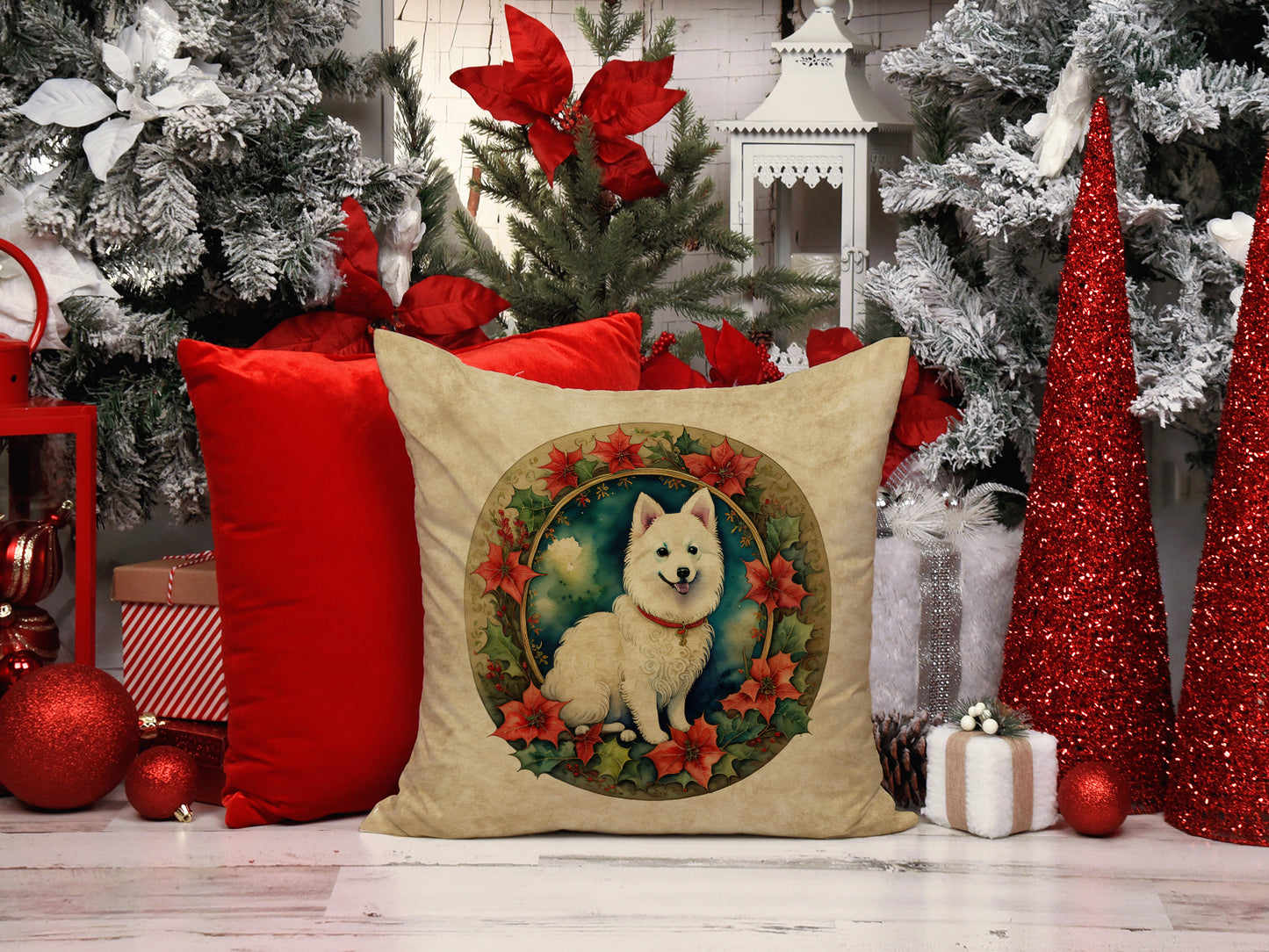 Japanese Spitz Christmas Flowers Throw Pillow