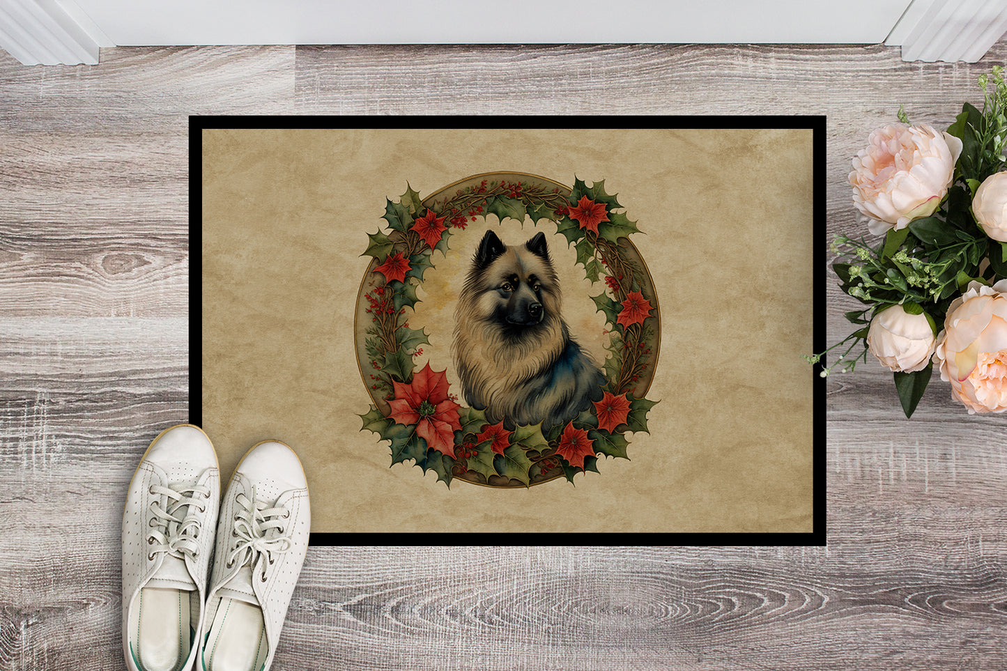 Keeshond Christmas Flowers Doormat