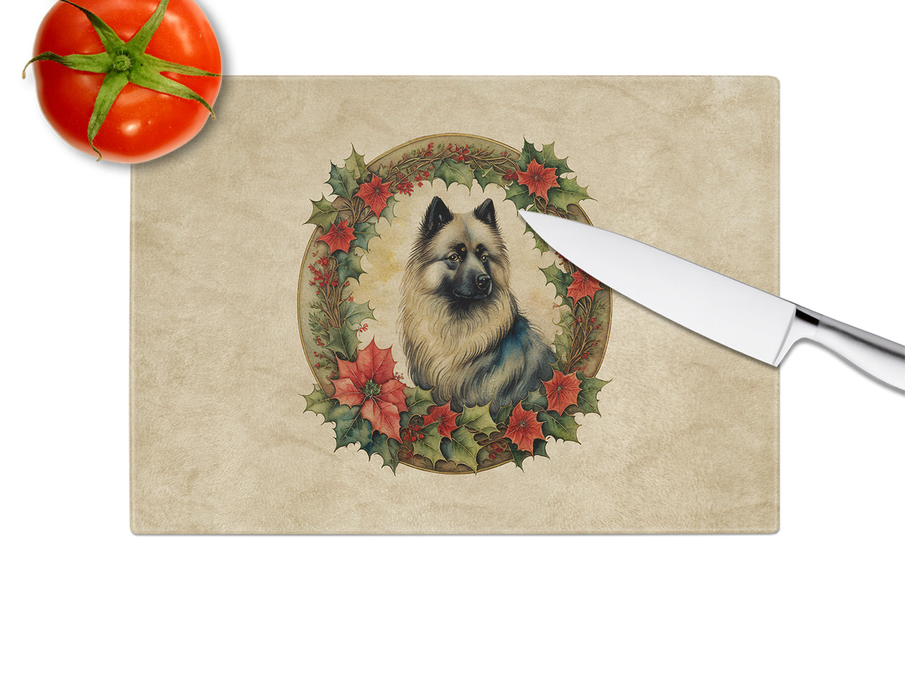 Keeshond Christmas Flowers Glass Cutting Board