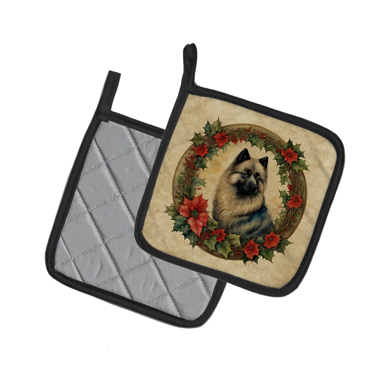 Keeshond Christmas Flowers Pair of Pot Holders