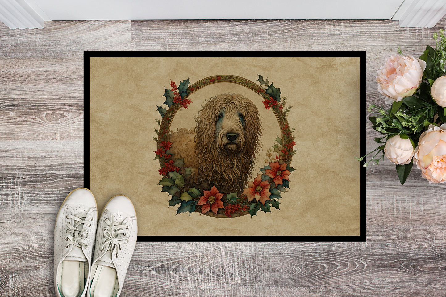 Komondor Christmas Flowers Doormat