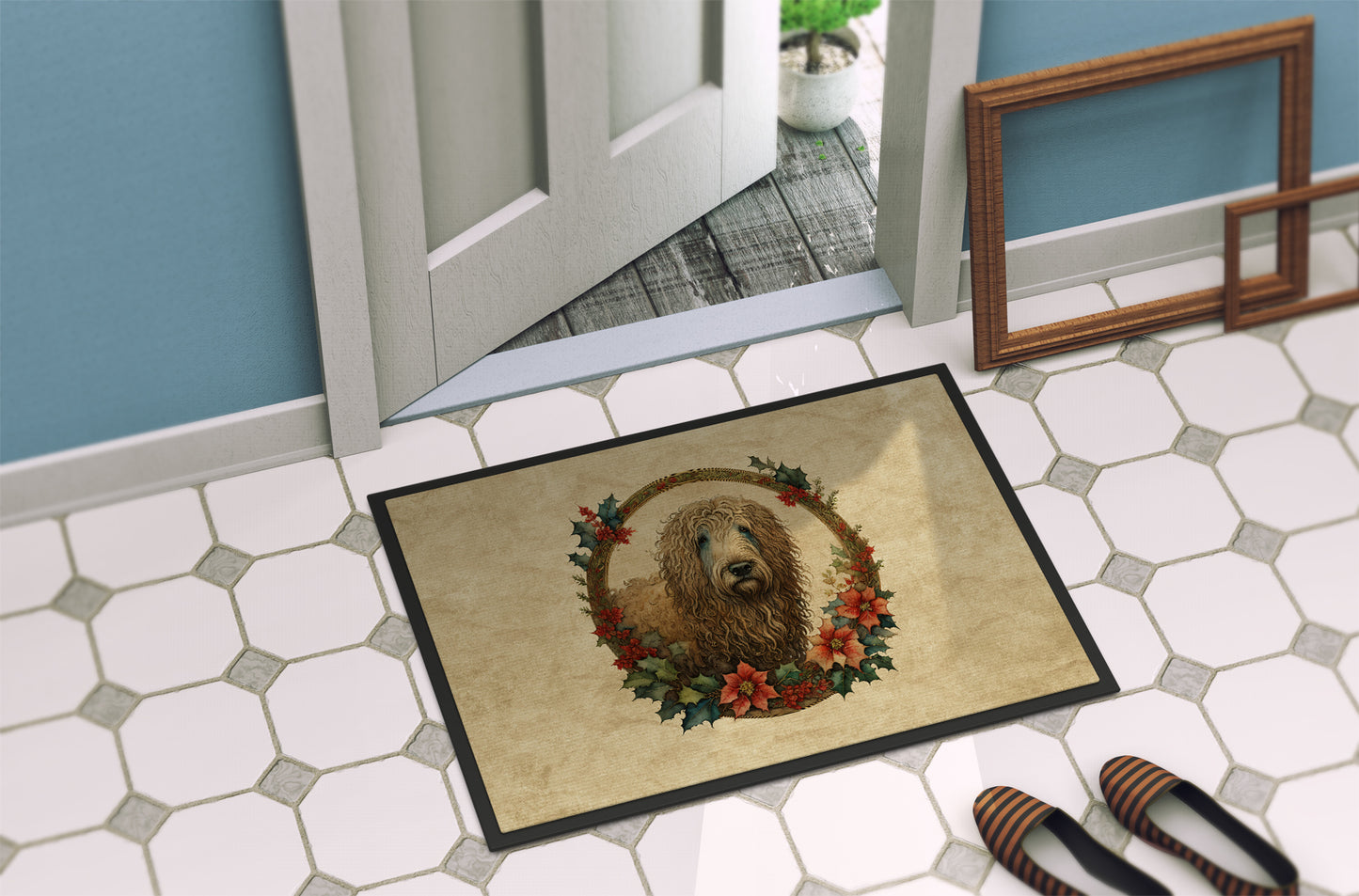 Komondor Christmas Flowers Doormat