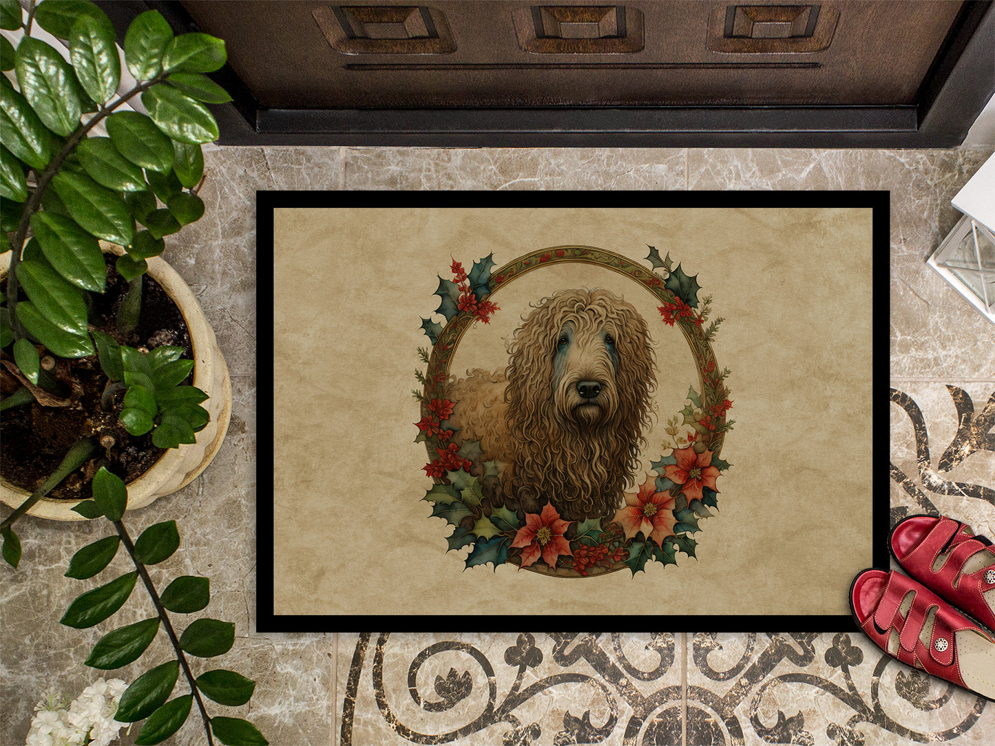 Komondor Christmas Flowers Doormat