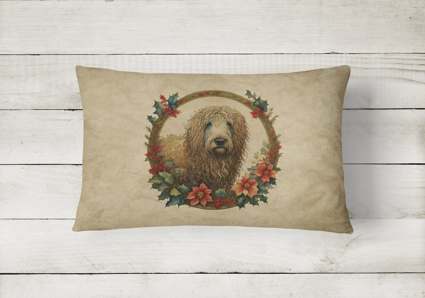 Komondor Christmas Flowers Throw Pillow