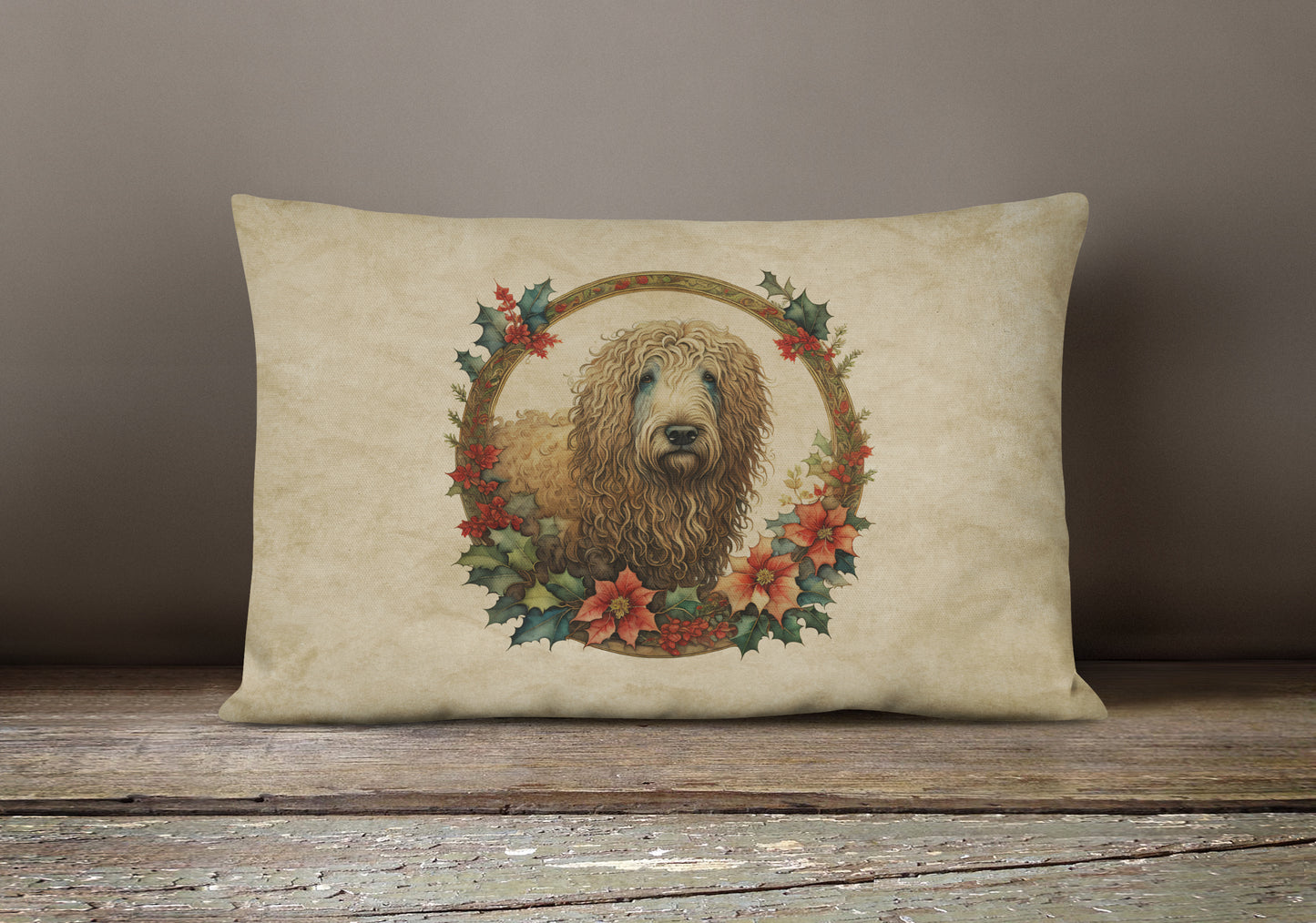 Komondor Christmas Flowers Throw Pillow