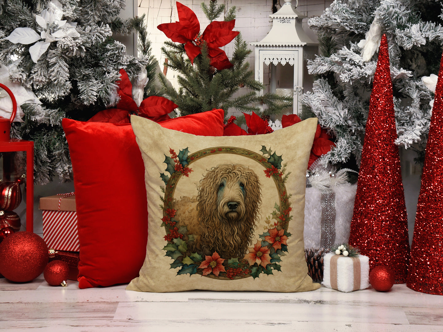 Komondor Christmas Flowers Throw Pillow