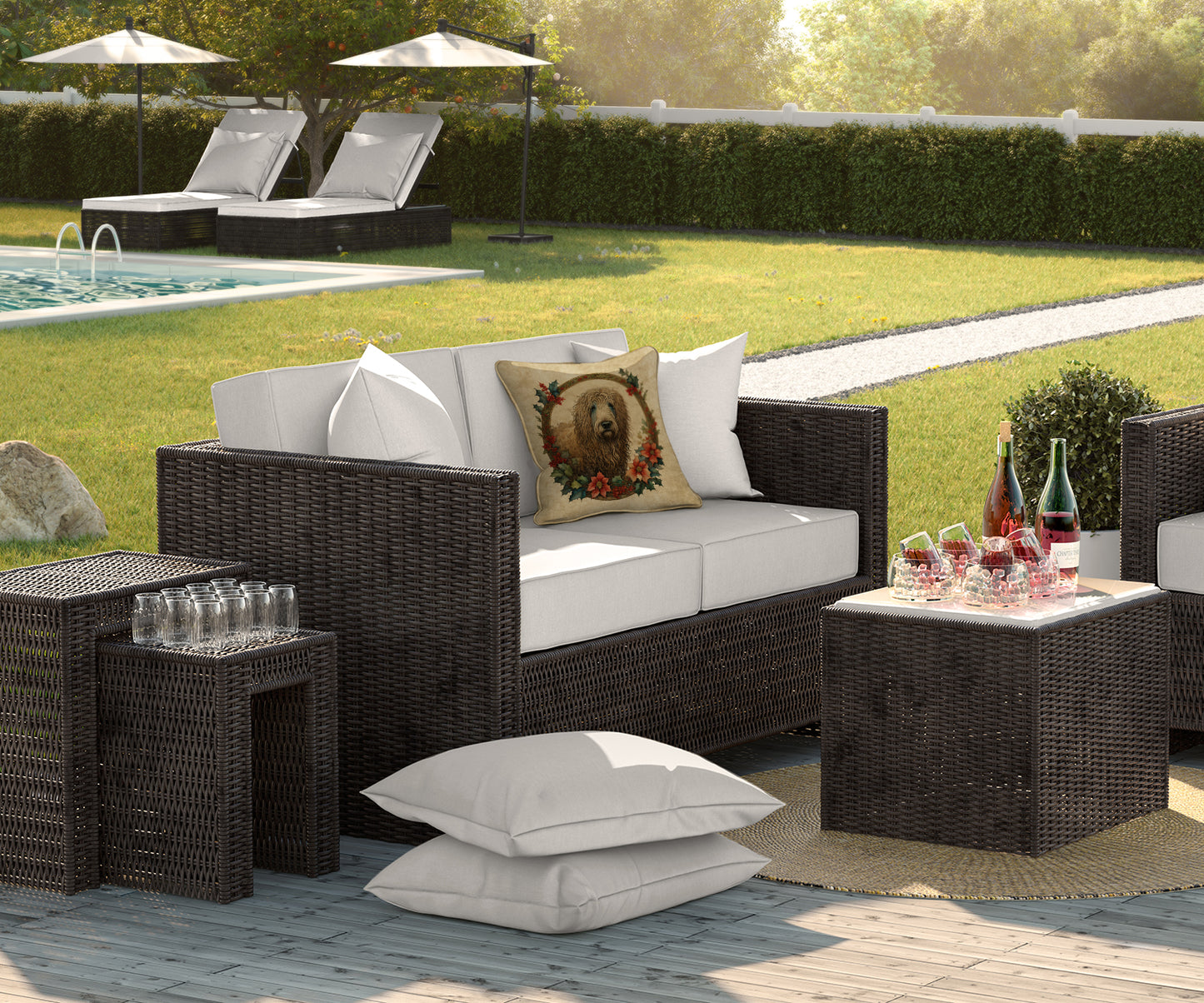 Komondor Christmas Flowers Throw Pillow