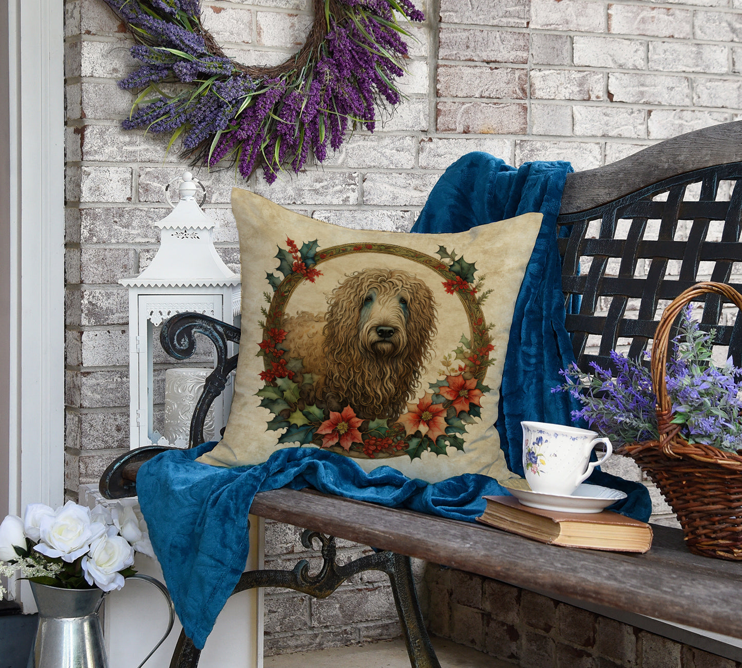 Komondor Christmas Flowers Throw Pillow