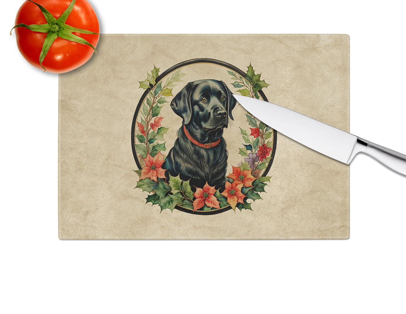 Labrador Retriever Christmas Flowers Glass Cutting Board