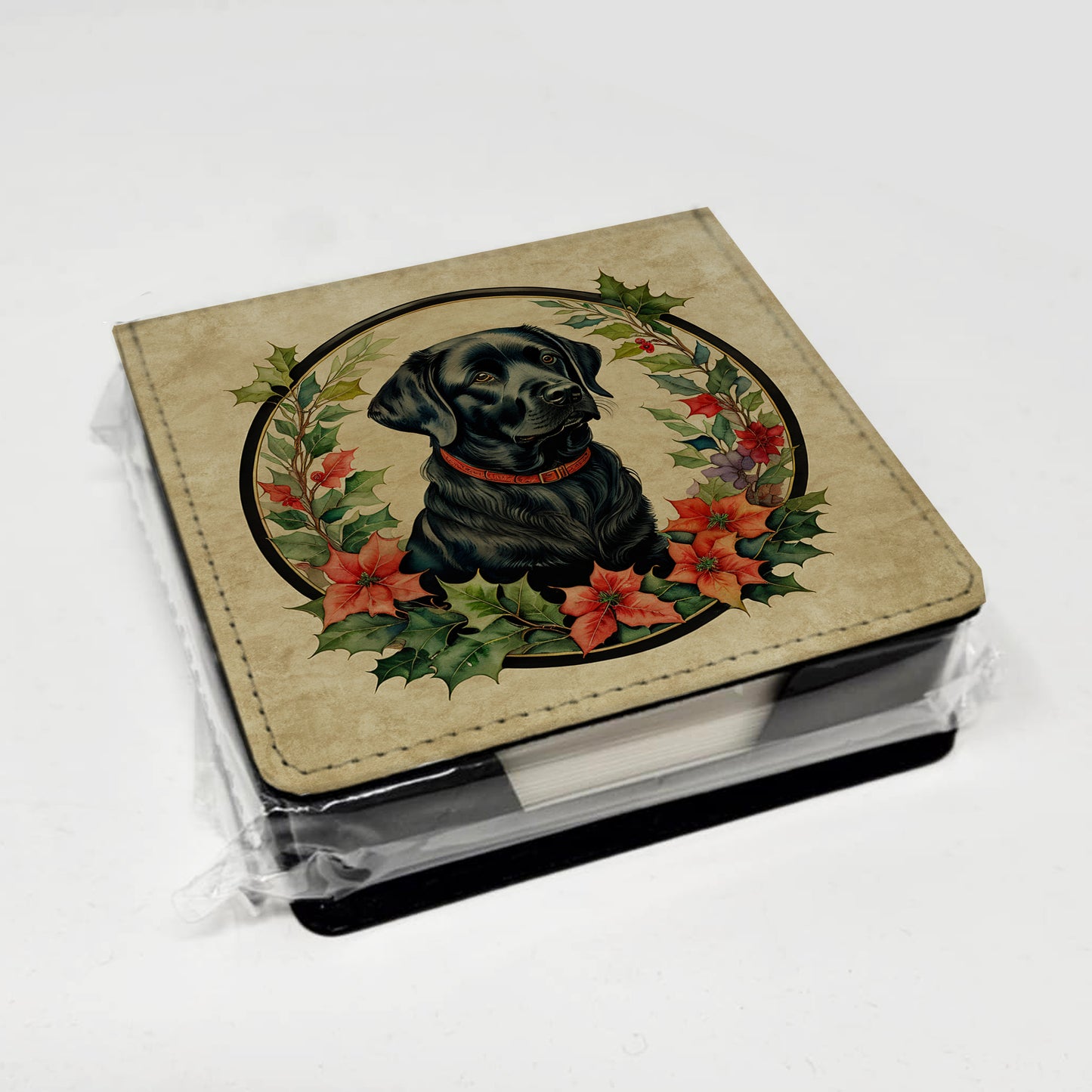 Labrador Retriever Christmas Flowers PU Leather Note Paper Holder