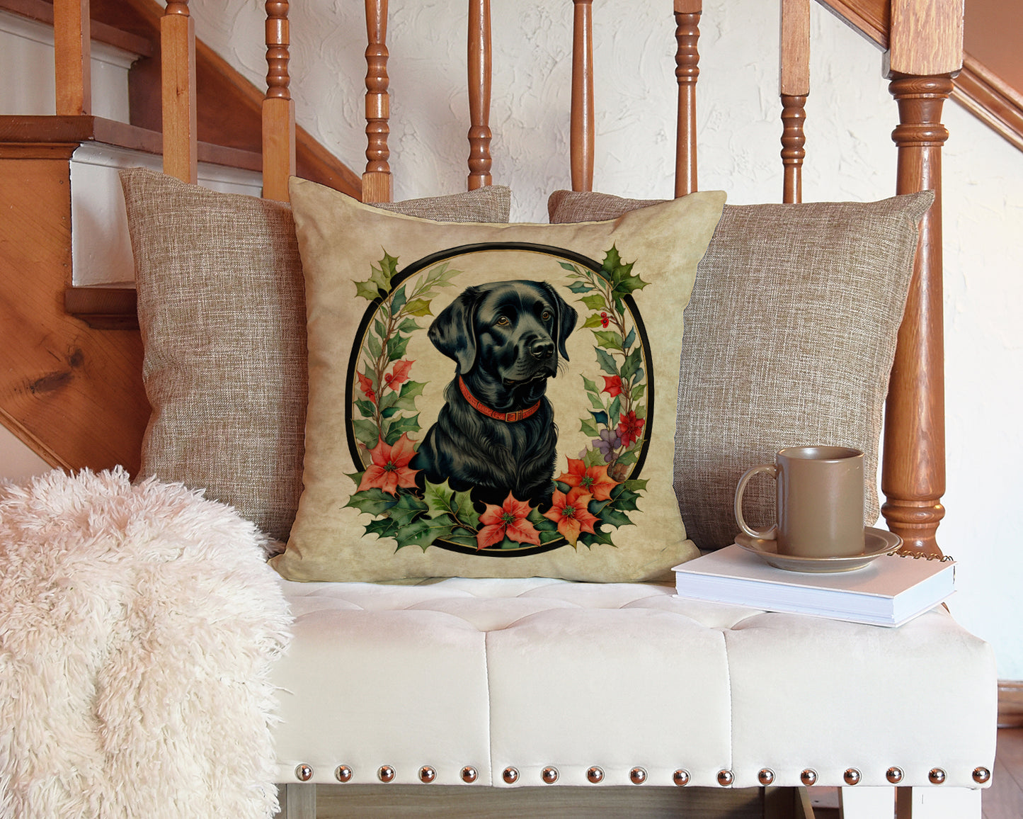 Labrador Retriever Christmas Flowers Throw Pillow