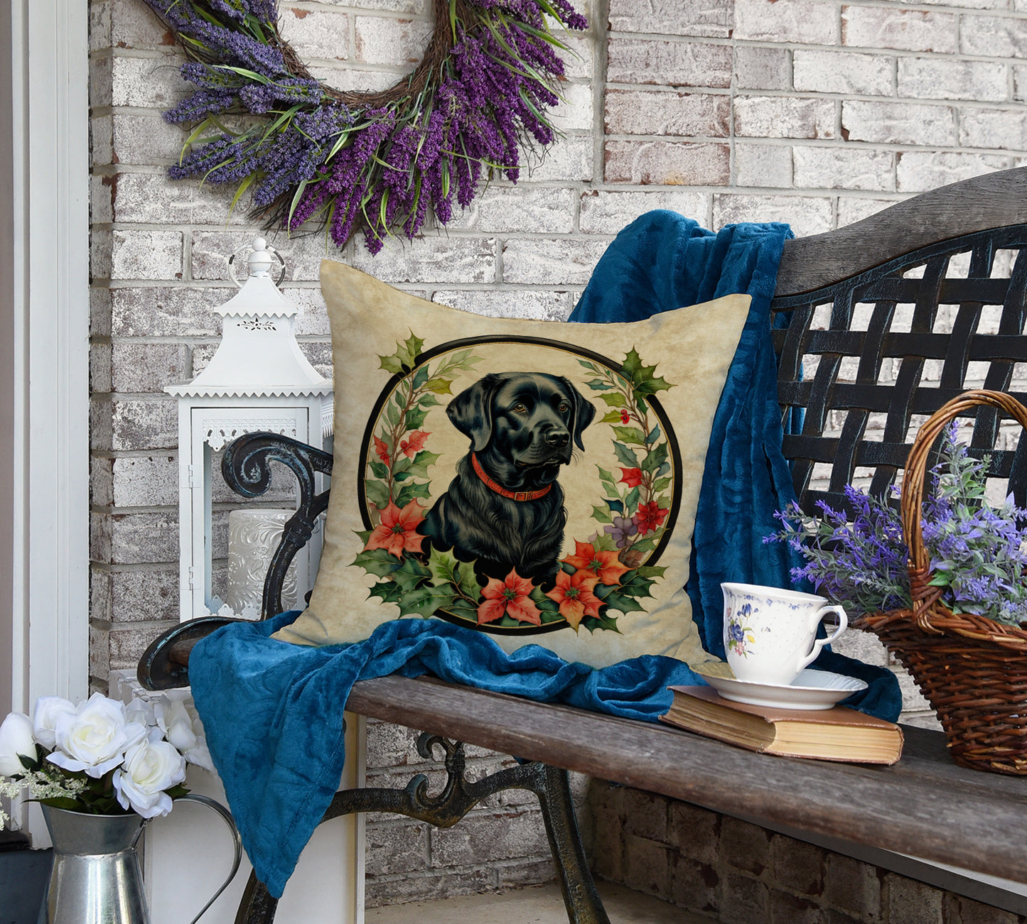 Labrador Retriever Christmas Flowers Throw Pillow