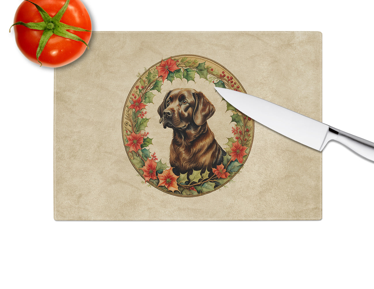 Labrador Retriever Christmas Flowers Glass Cutting Board