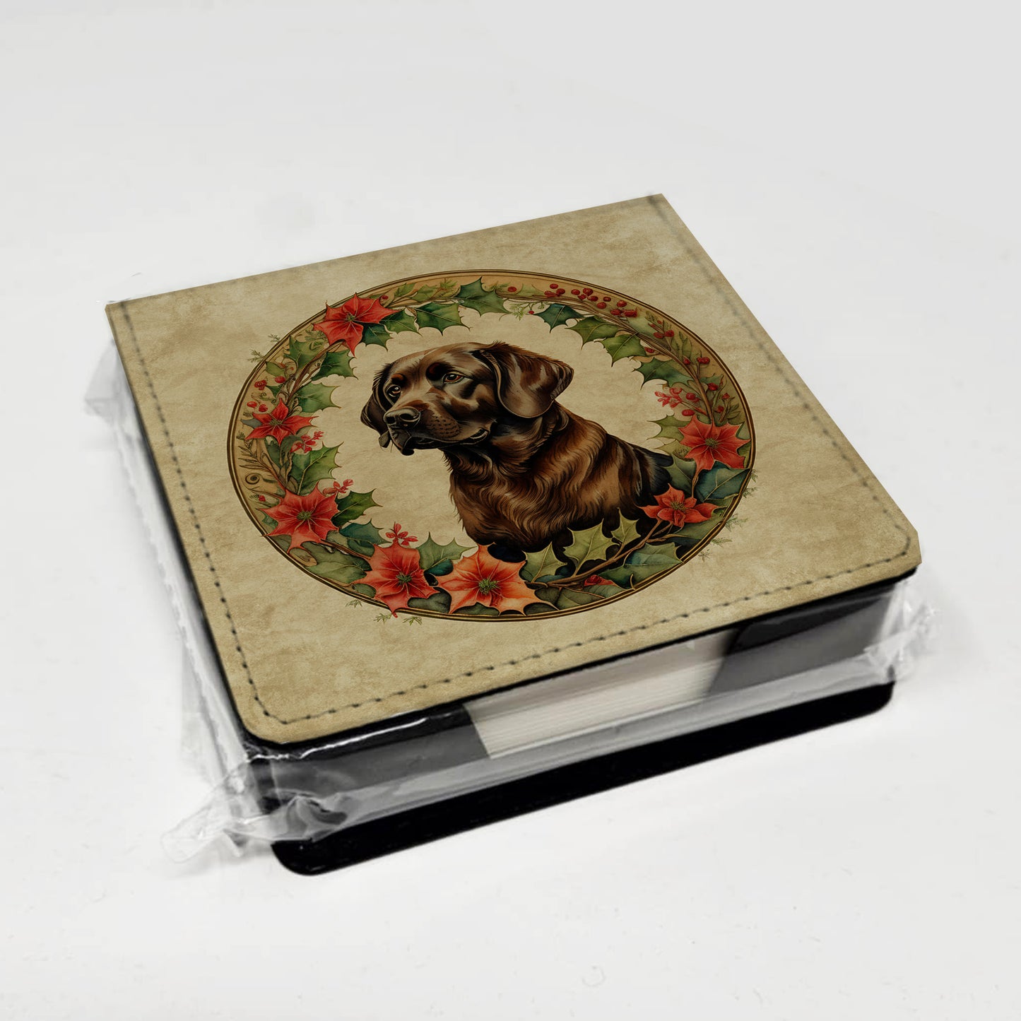 Labrador Retriever Christmas Flowers PU Leather Note Paper Holder