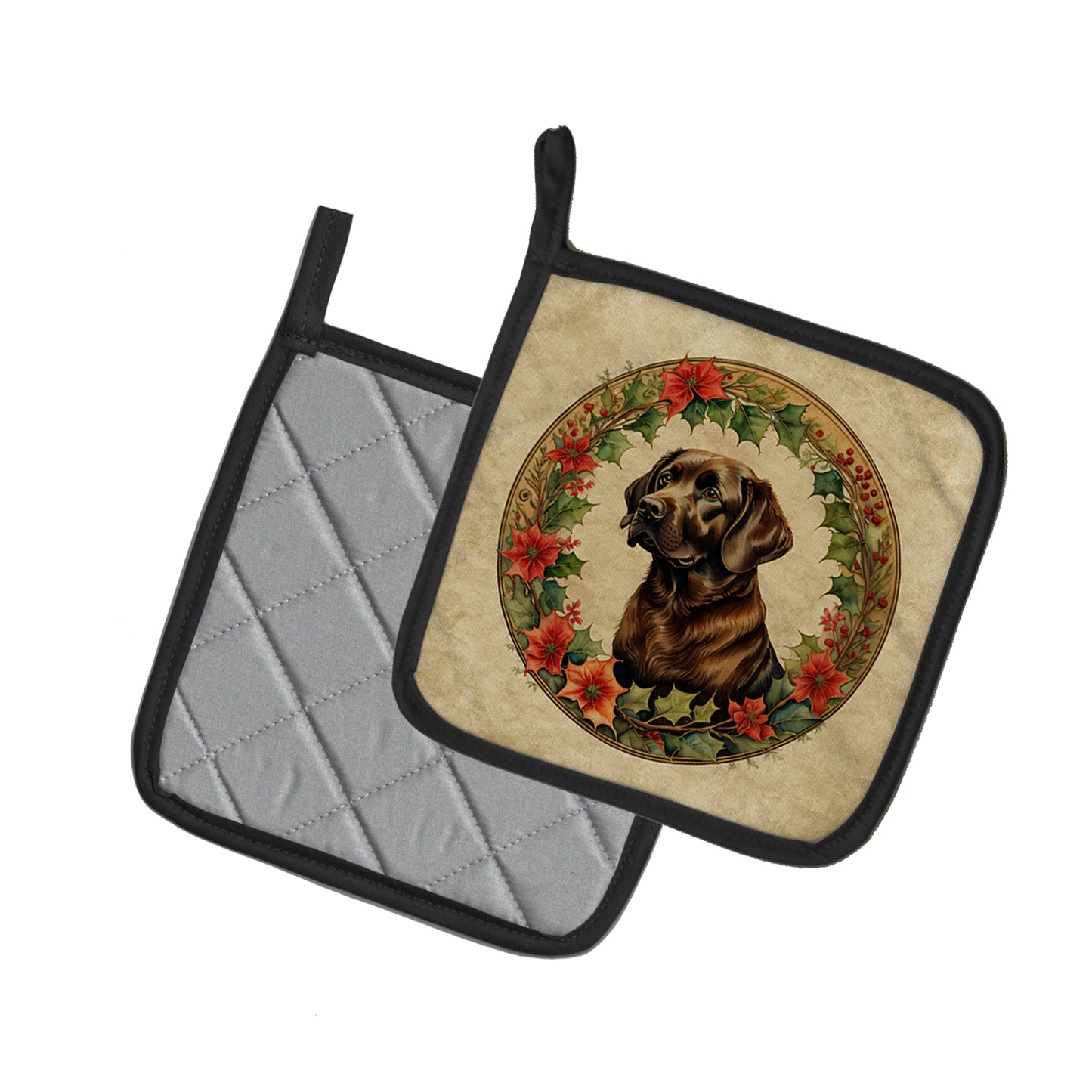 Labrador Retriever Christmas Flowers Pair of Pot Holders