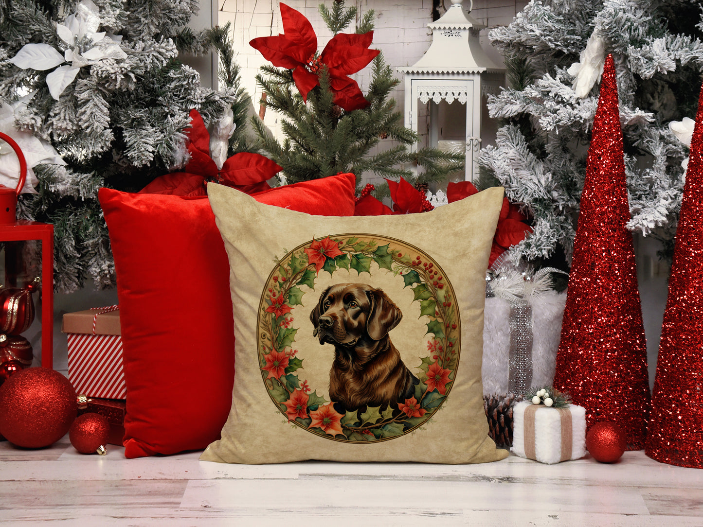 Labrador Retriever Christmas Flowers Throw Pillow