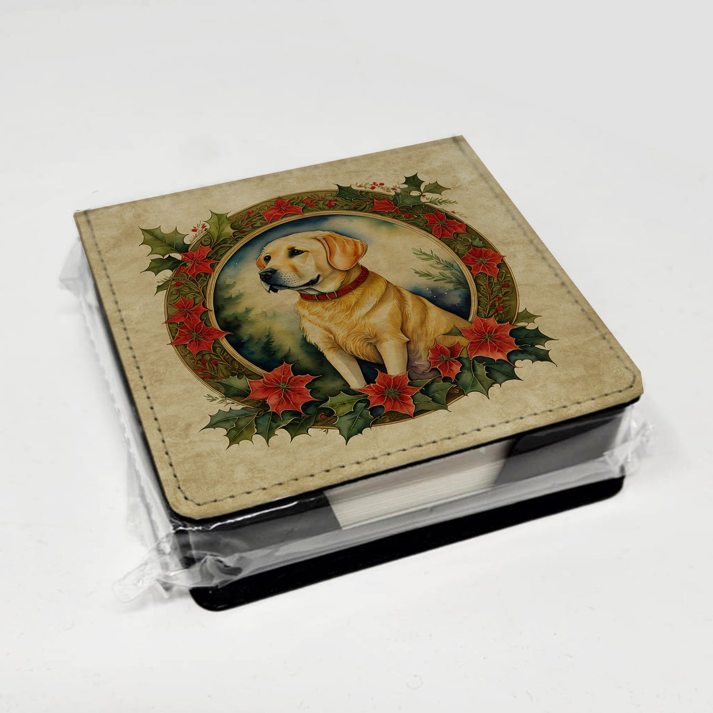 Labrador Retriever Christmas Flowers PU Leather Note Paper Holder